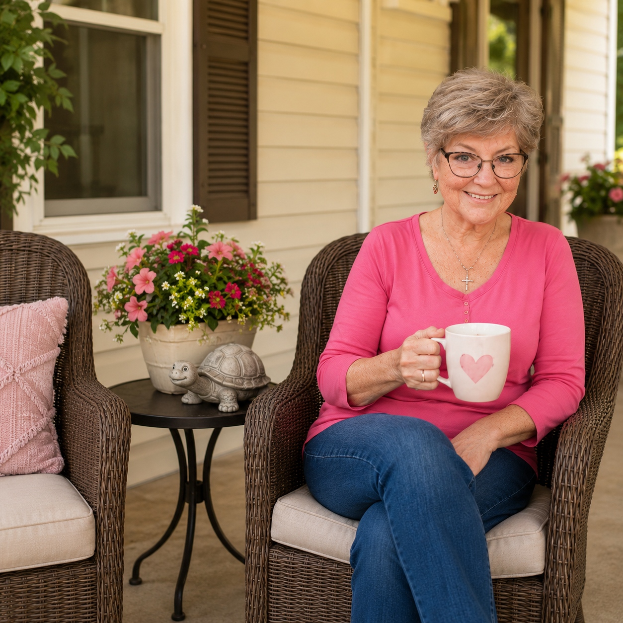 Lissa sitting on the porch with a heart mug